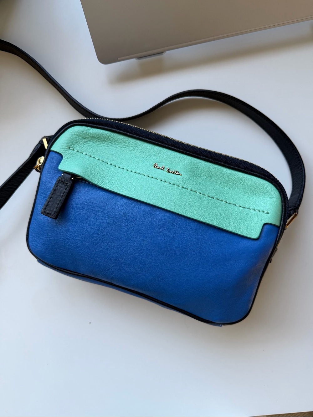 Paul Smith Blue and Mint Leather Crossbody Shoulder Bag